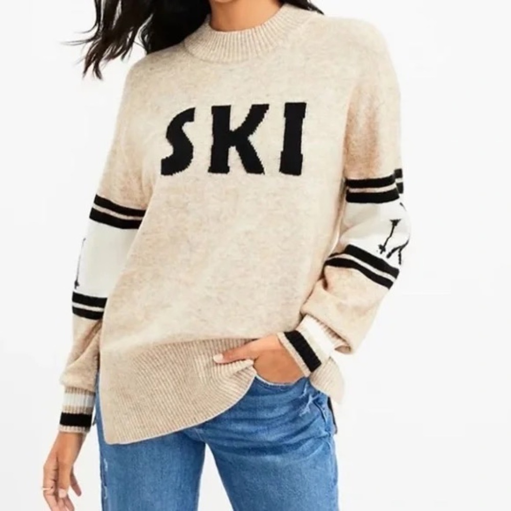 Lou & Grey Women's SKI Pullover Sweater Size S Winter Ski Trip Cozy Tan/Black